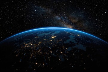 Fototapeta premium Stunning nighttime view of Earth showing illuminated cities across multiple continents under a star-filled sky.