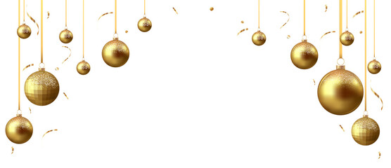 Gold christmas balls with shadow and confetti isolated on transparent background	