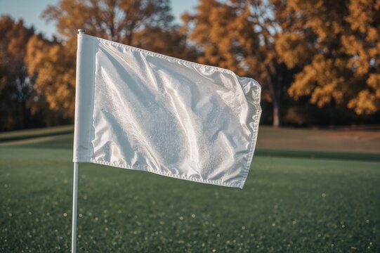 Close-up shot of a pale golf marker on an icy fairway with autumn-colored foliage behind it - Powered by Adobe