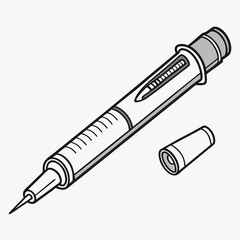 Close up of a medical injection pen with needle and cap isolated on white background