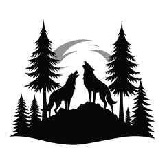 Howling Wolves Silhouette in Pine Forest with Arched Sky Design Illustration