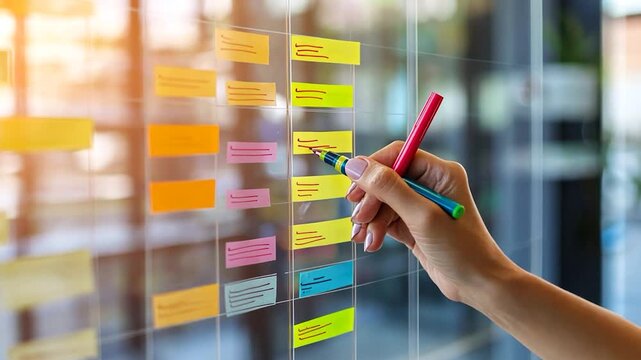 Hand writing on a transparent grid with colorful sticky notes