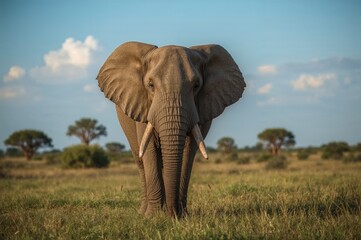 Fototapeta premium A large Loxodonta Africana elephant roaming in a private wildlife reserve