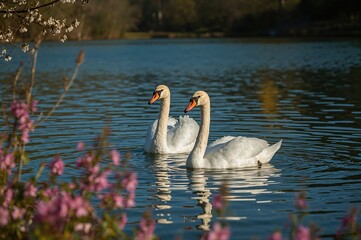Two White Swans Swimming Calm