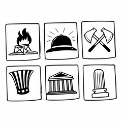 Illustration of fire, hat, axe, vase, temple, and column in squares