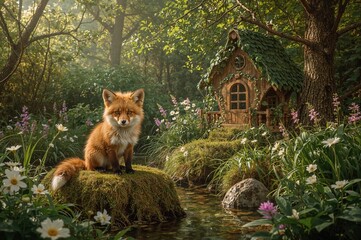 Obraz premium Charming fox resting in a forest clearing beside a tree stump and hollow