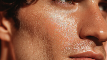 Smooth hydrated skin close up on man cheek and nose showing natural texture and healthy glow with fine facial hair and pores visible in macro shot