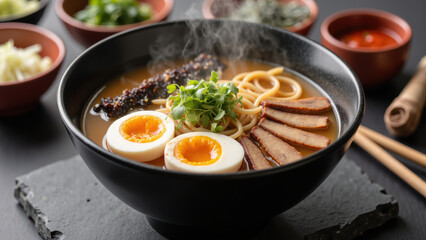 Delicious ramen bowl with soft boiled eggs, sliced meat, and fresh herbs, served in black bowl. warm and inviting meal experience
