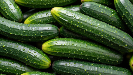 Fresh cucumbers with water droplets glistening on their smooth skin, showcasing vibrant green colors and healthy appearance