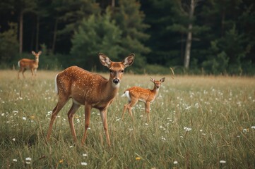 Fototapeta premium A young deer feeding in a lush grassy field during summer, surrounded by trees and greenery