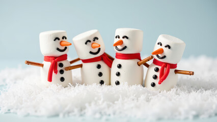 Cute snowmen made of marshmallows with smiling faces, wearing red scarves, surrounded by artificial snow, creating festive atmosphere
