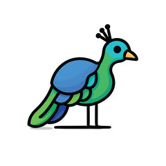 Cute cartoon peacock with vibrant green and blue feathers and a simple black outline