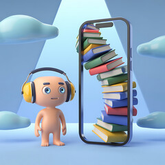 A cartoonish 3D little man with a stack of colorful books, reading a paper book for fun, with a focus on education and learning