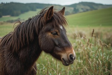 A close-up of an Exmoor pony gazing off to the side.