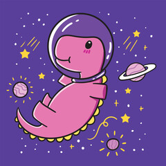 Pink dinosaur in space wearing glass helmet, kawaii astronaut art