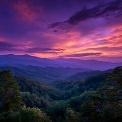 Vibrant Mountain Sunset Purple Sky Golden Hour Landscape Vista