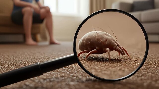 Magnified Dust Mite On Brown Carpet In Front Of A Person Resting On A Brown Couch Inside A Light Filled Living Room