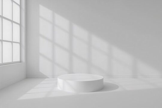 Minimalist white 3D studio setting for showcasing cosmetic items. Blank grey space featuring window shadows. Highlight product with a soft, out-of-focus background.