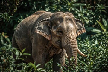 Fototapeta premium An elephant wanders freely in an ethical sanctuary for animals.