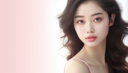 Fototapeta premium Captivating portrait of a young woman with flowing hair and soft makeup against a pastel background