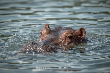 Fototapeta premium Partially Underwater Hippo Head in a Water Body