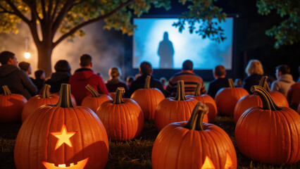 Outdoor movie night with carved pumpkins, autumn atmosphere, and spooky film screening. scene captures essence of Halloween festivities