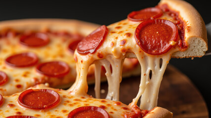Delicious pepperoni pizza with melted cheese, showcasing gooey stretch and crispy crust, perfect for sharing and enjoying