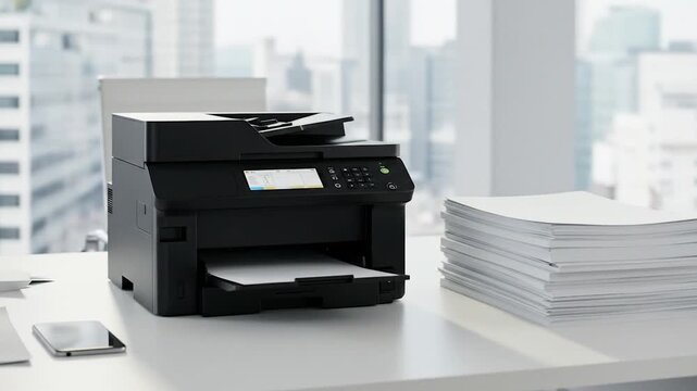 Professional office printer station with paper stack on desk
