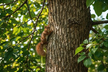 Obraz premium A small rodent gripping a tree trunk surrounded by foliage and natural textures