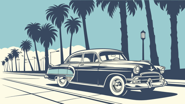 vintage car parked on a palm lined street