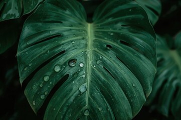 Detailed View of a Monstera Leaf Covered in Raindrops