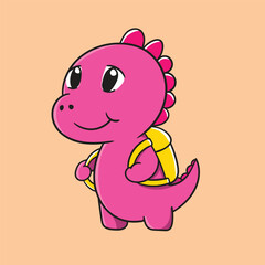 Pink dinosaur with yellow backpack, kawaii cartoon school character