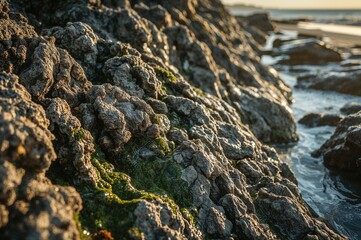 Detailed view of moss-covered rocks with water gently moving over them during sunset