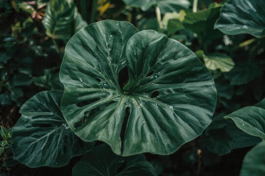 Leaves of Amorphophallus muelleri Blume featuring various common names like porang, iles-iles, elephant foot yam, sweet potato, konjac, suweg, and walur in an outdoor setting