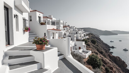 Stunning coastal view featuring whitewashed buildings, blue sea, and rocky cliffs, evoking serene and peaceful atmosphere