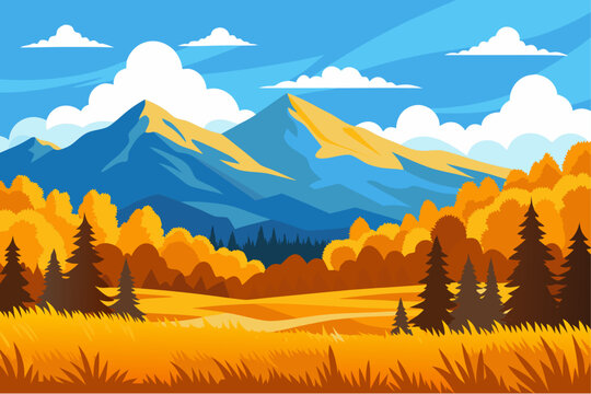 Vibrant autumn mountain landscape with golden foliage and blue sky
