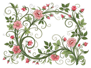 Pink floral vines with green leaves and swirling tendrils image