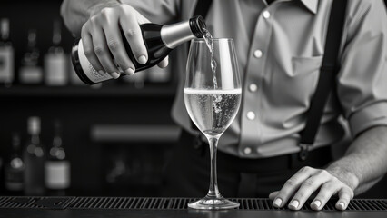Elegant bartender pouring sparkling beverage into tall glass, showcasing refined atmosphere and attention to detail