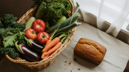 Fresh harvest bounty with warm baked bread evokes cozy, healthy living and natural abundance