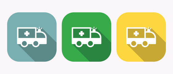 Three flat design ambulance icons with long shadows in blue green and yellow