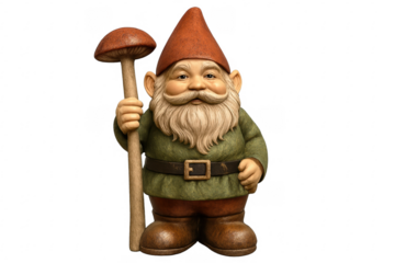 Garden gnome holding a mushroom on transparent background