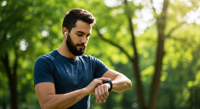 Athletic man checking smartwatch while running outside - Powered by Adobe