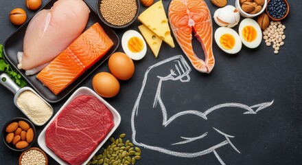 High protein foods for muscle growth and fitness with arm muscles sketch