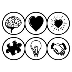 Fototapeta premium Illustration of brain, heart, puzzle, lightbulb, and handshake icons