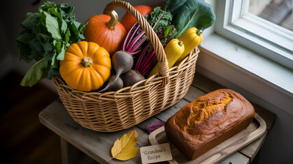 Harvest bounty basket overflowing with fresh pumpkins, beets, kale, and squash next to homemade pumpkin bread