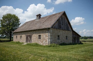 A rustic stone barn topped with a wooden roof nestled in a countryside landscape.