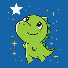 Green dinosaur reaching stars in galaxy, kawaii fantasy illustration