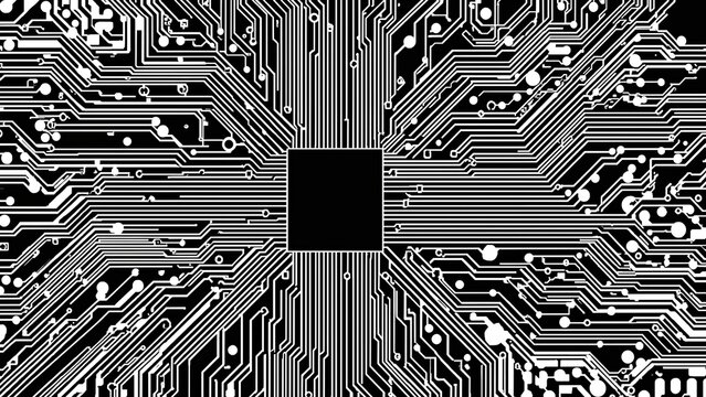 Electronic hardware backdrop featuring a white abstract pattern on a circuit board. Advanced technology in computing devices. Science and tech themed background. Integrated communication chip design.
