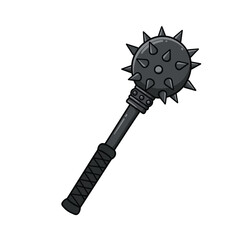 A medieval spiked mace with a dark metal head covered in sharp spikes