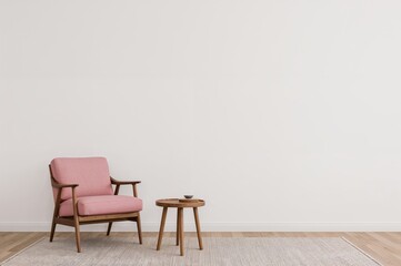 Cozy room featuring a pink armchair and a wooden coffee table against a plain backdrop
